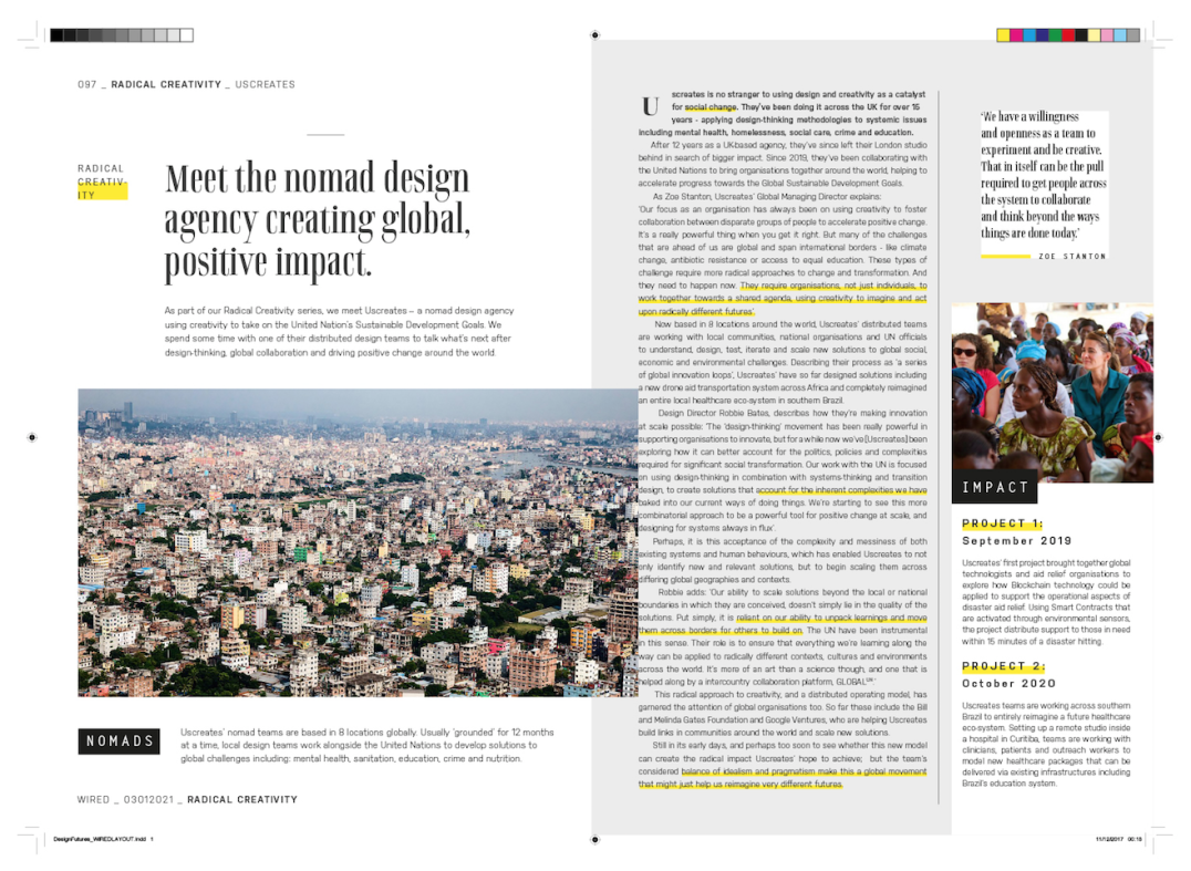 Fictional magazine article exploring how Uscreates’ business model may evolve in the future, and scale design’s impact