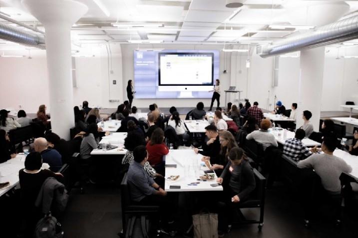 Natalie and Kathleen introducing an event at Foursquare in January 2020